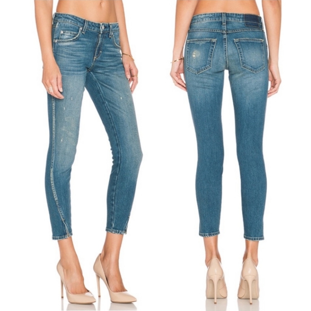 AMO Twist Dive Bar Slim Fit Hem Slit Cropped Denim Jeans